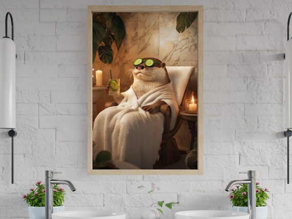 Otter in a Bathrobe With Cucumber Eyes Marble Spa Day Poster