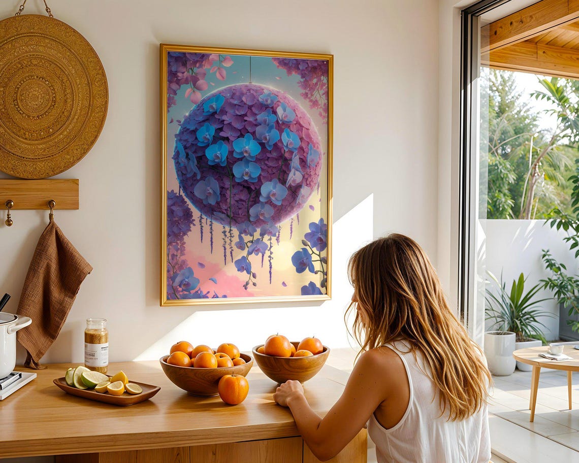 Hanging Sphere Of Blue Orchids And Purple Hydrangeas Floral Poster - Image 2