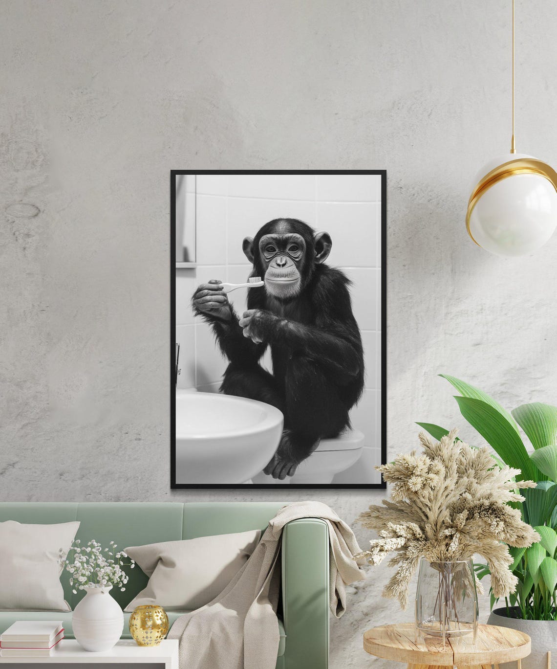 Baby Chimpanzee Brushing Its Teeth at a Bathroom Sink Photo Poster - Image 2
