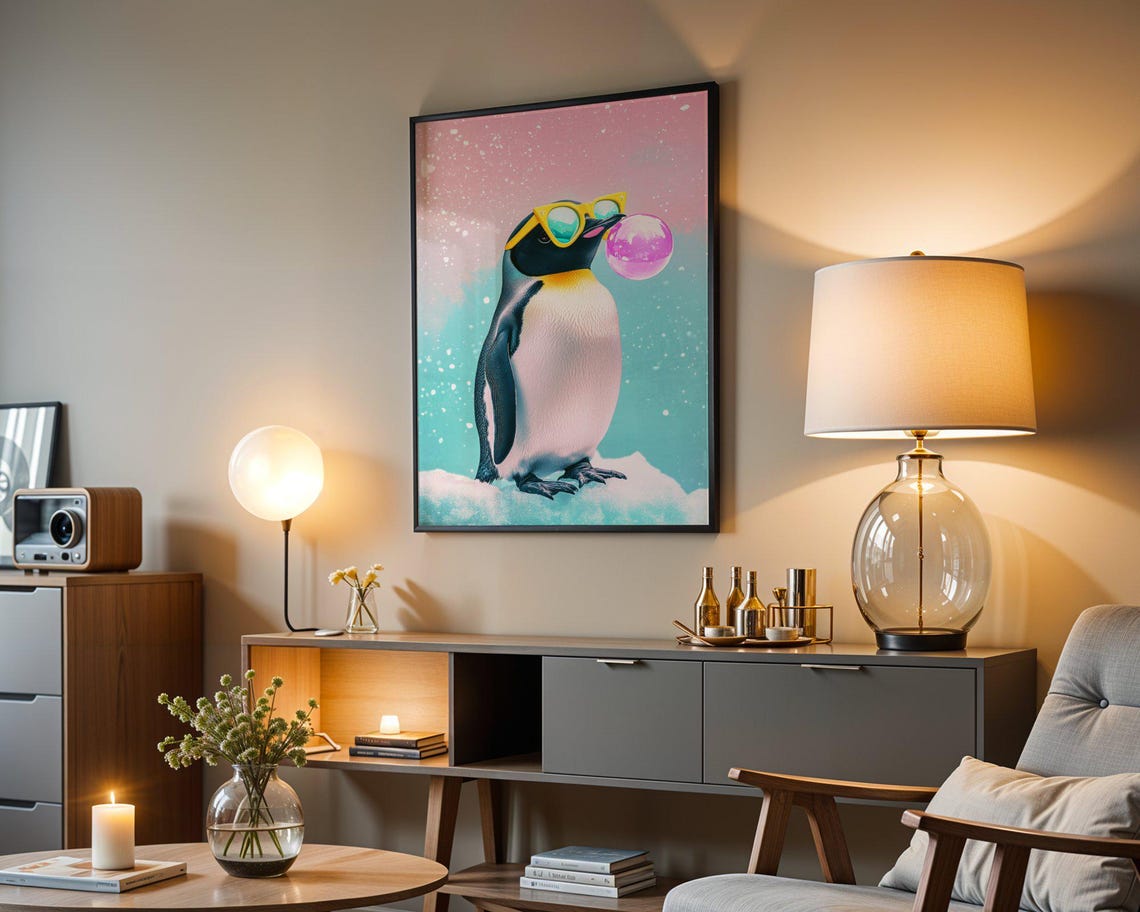 Penguin in Yellow Sunglasses Blowing Pink Bubble on Ice Poster - Image 3
