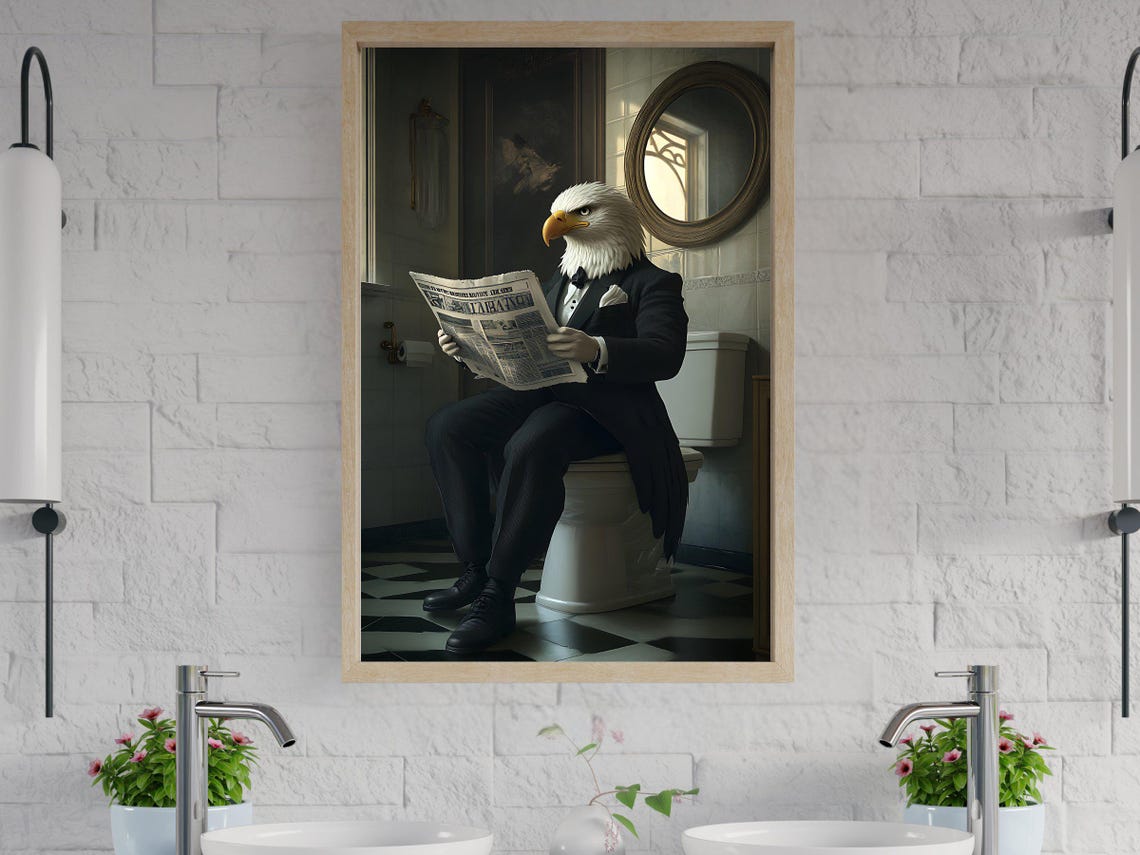 Bald Eagle in a Tuxedo Reading Newspaper on the Toilet Poster