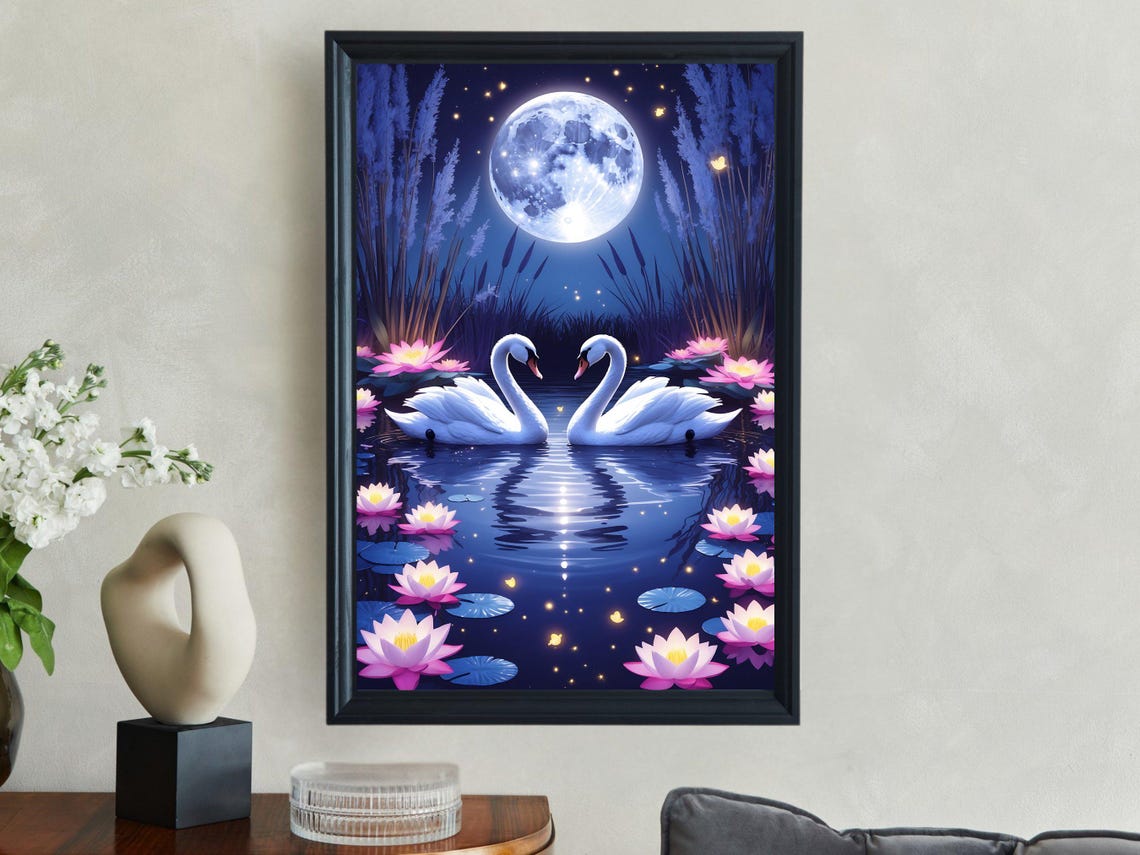 Two Swans In Love Under A Full Moon Among Pink Lotus Flowers Poster