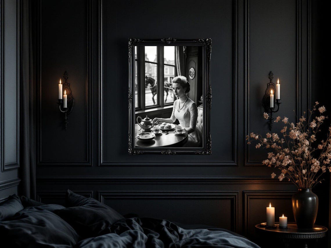 Woman with Pearls Taking Tea, Vintage Cafe Window Scene Poster - Image 3