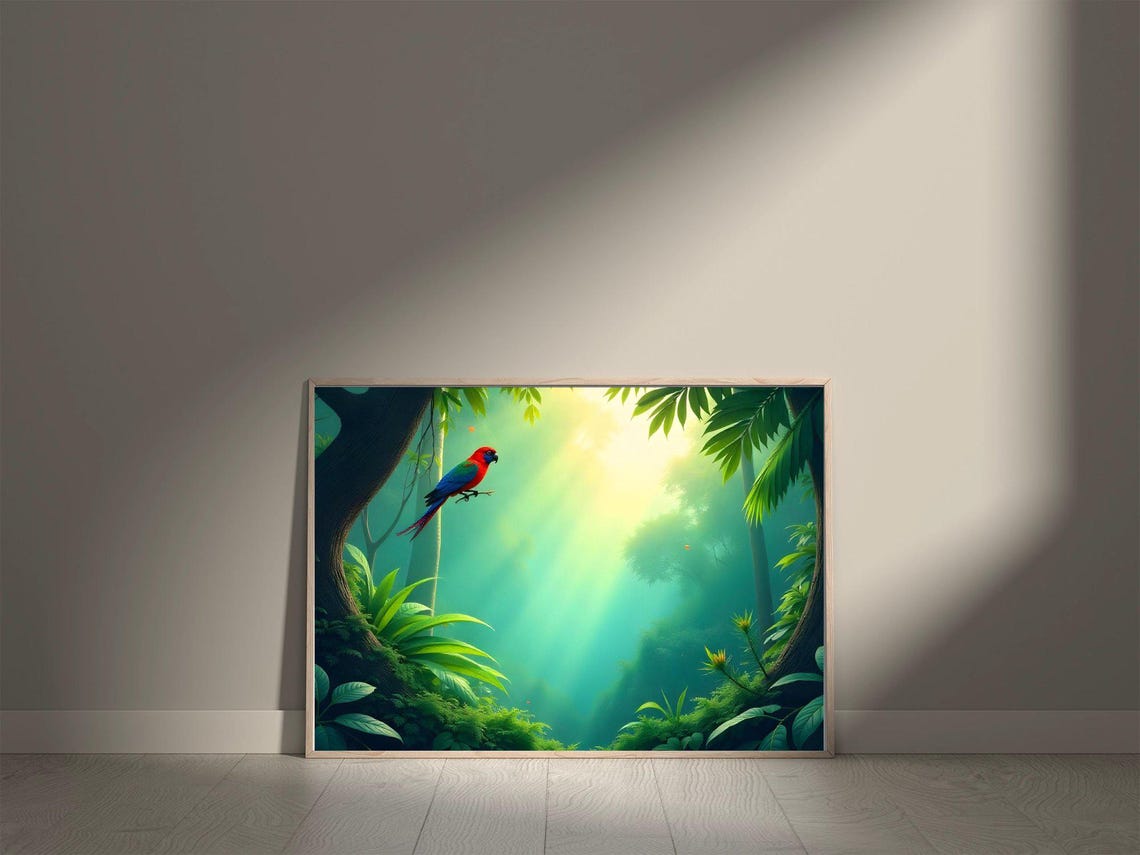 Colorful Parrot Perched in a Sunlit Tropical Rainforest Canopy Poster - Image 5