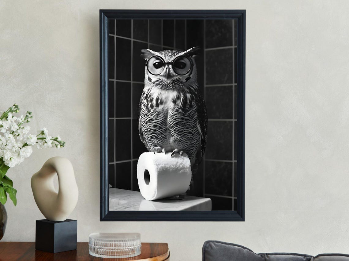 Wise Owl with Round Glasses Perched on Toilet Paper Roll Poster - Image 2