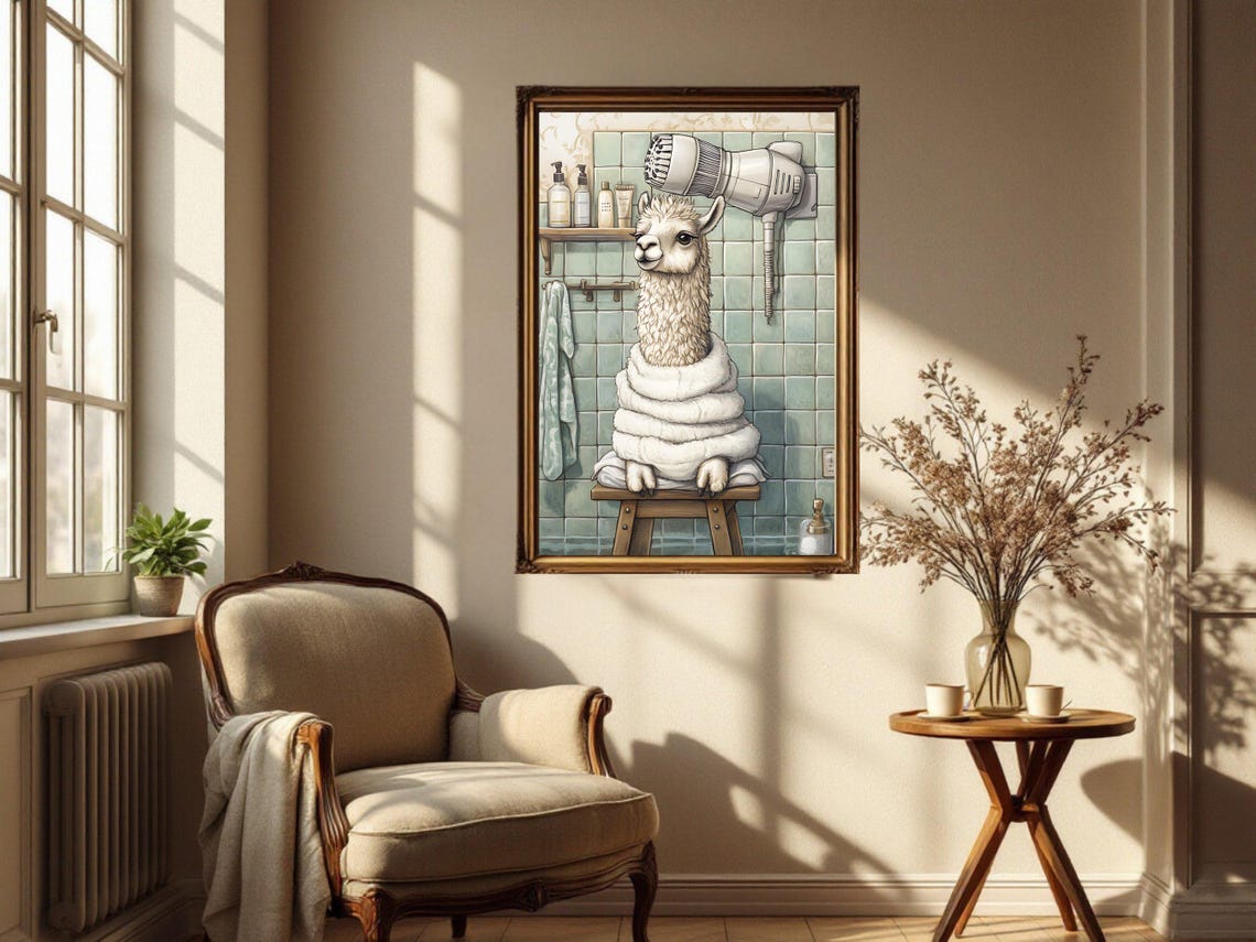 Alpaca Wrapped in a Towel Enjoying a Spa Day Bathroom Poster - Image 4