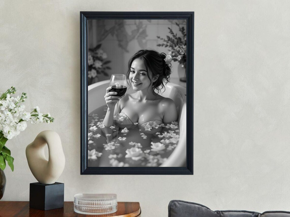 Smiling Woman in Flower Petal Bathtub with Wine Glass Poster - Image 3
