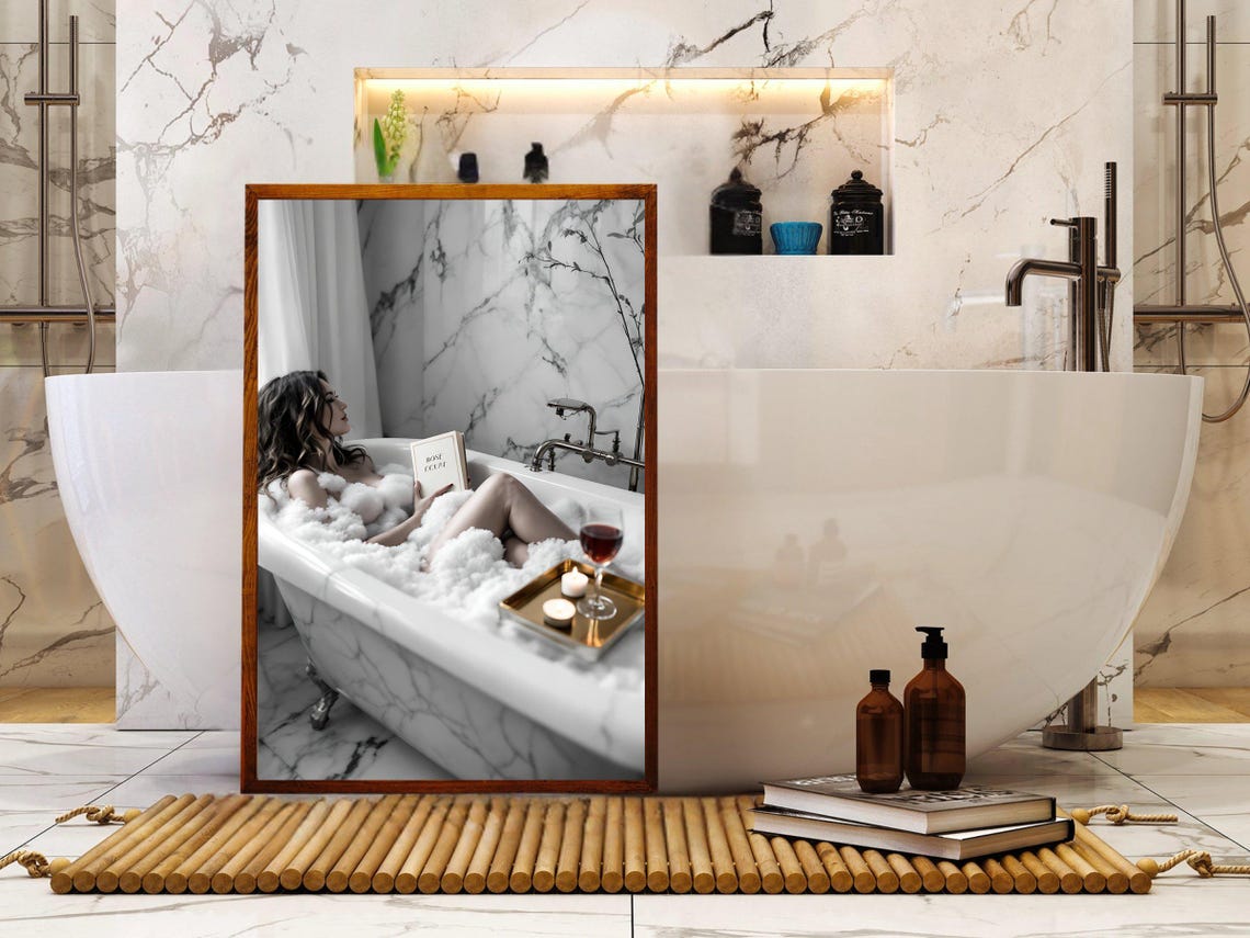 Woman Reading In A Bubble Bath With Wine And Candle Tray Poster - Image 4