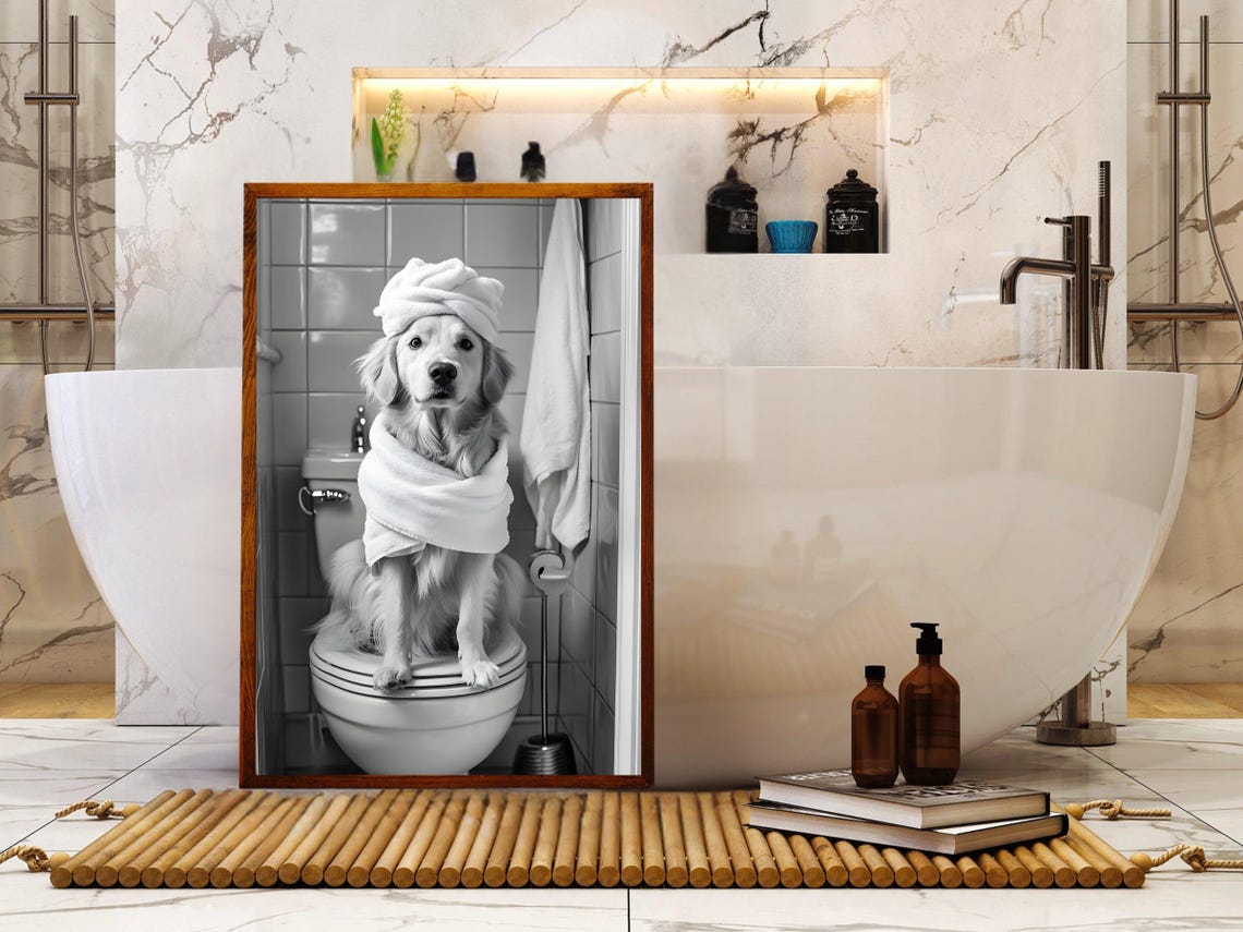 Golden Retriever Wrapped in Towels Enjoying a Spa Day on Toilet Poster - Image 5