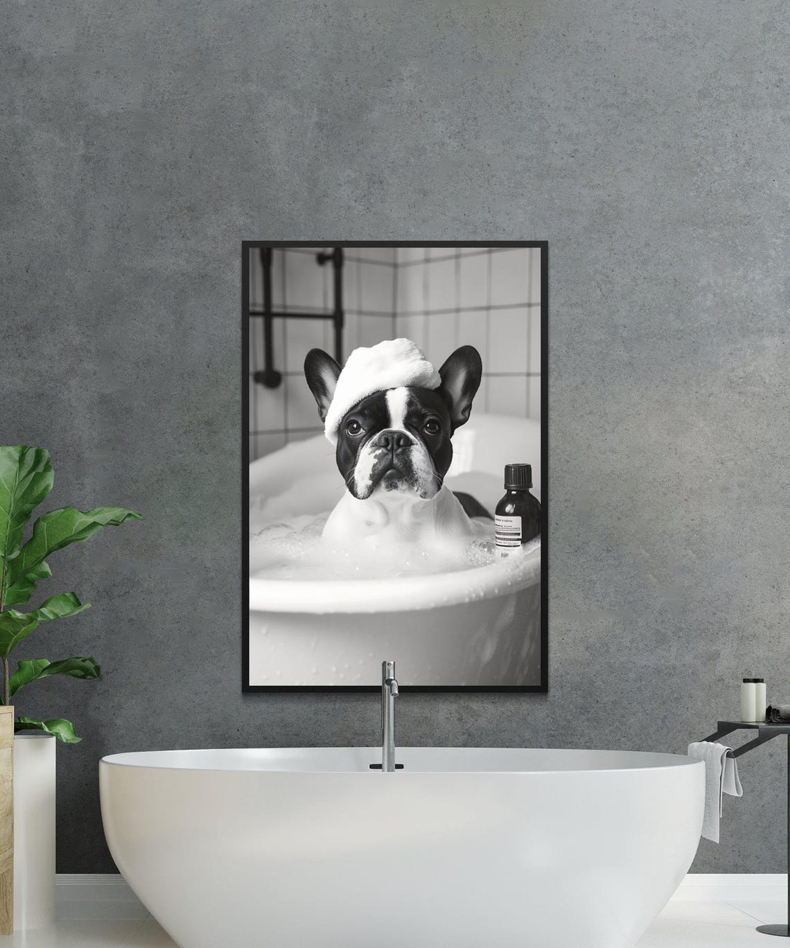 French Bulldog in a Bubble Bath With a Foam Cap on Its Head Poster - Image 2