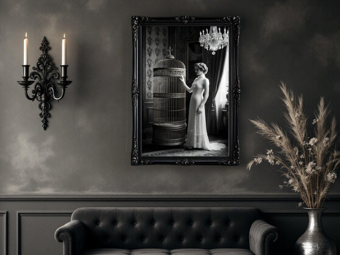 Woman in White Gown Beside Giant Ornate Birdcage, B&W Poster - Image 4