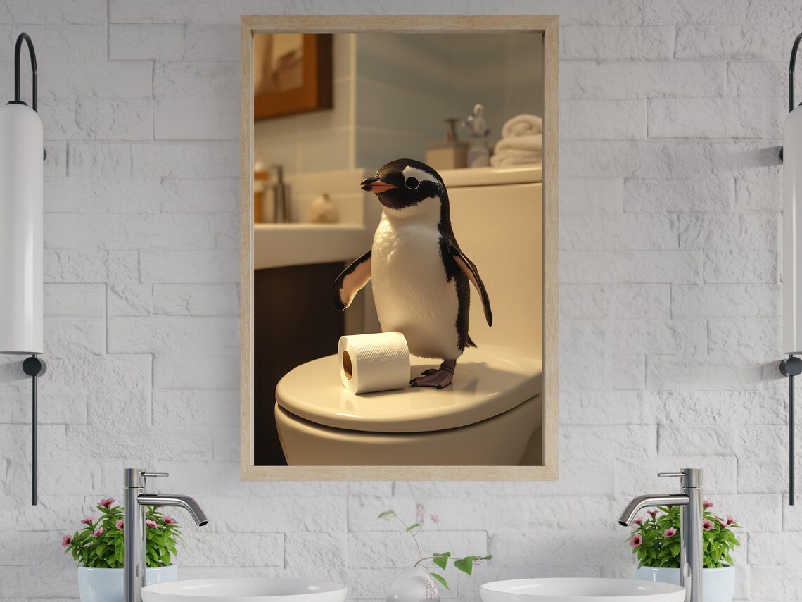 Cute Penguin Standing On Toilet With Toilet Paper Funny Poster