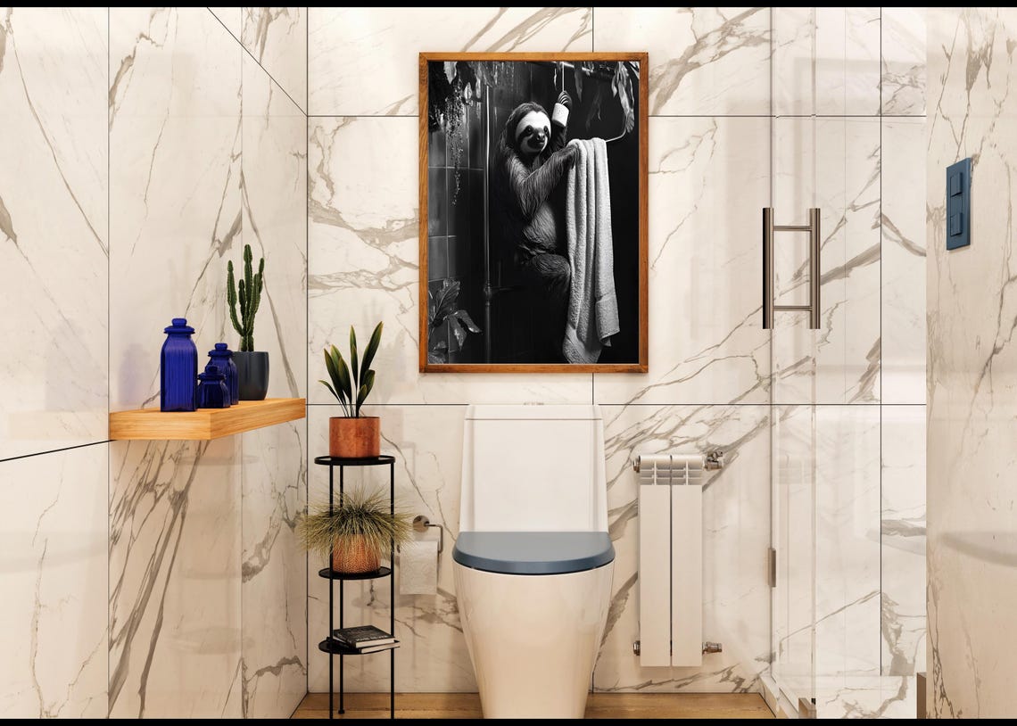 Sloth Hanging In Shower Holding Towel Black And White Poster - Image 2