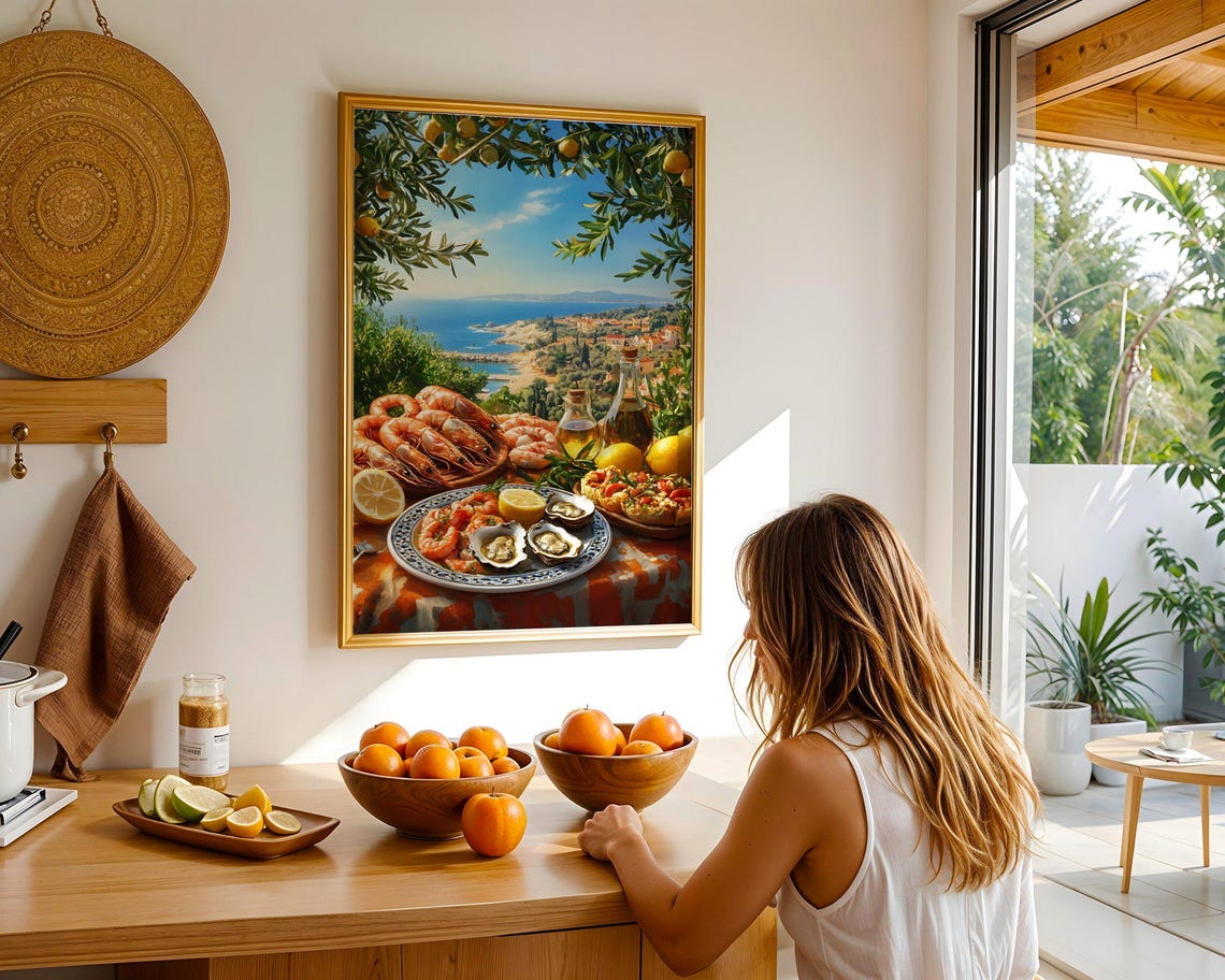Mediterranean Seafood Feast Sunny Coastal Kitchen Dining Poster - Image 5