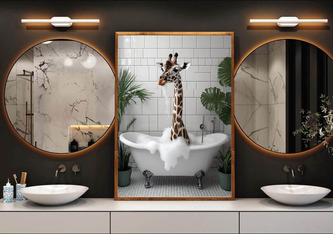 Giraffe Taking a Bubble Bath in a Clawfoot Tub Color Photography Poster - Image 3