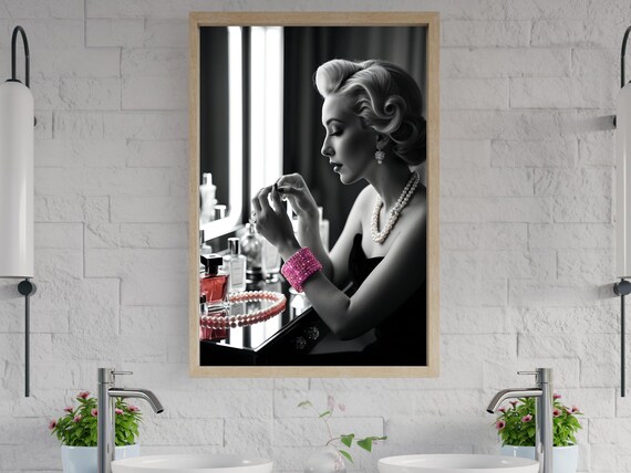 Elegant Woman Applying Lipstick At Vanity With Pearl Necklace Poster