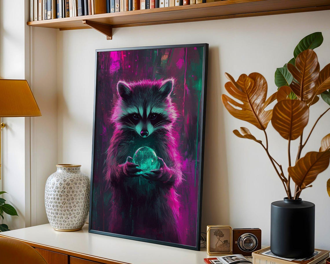 Mystical Raccoon Holding Glowing Crystal Ball Neon Night Poster - Image 2
