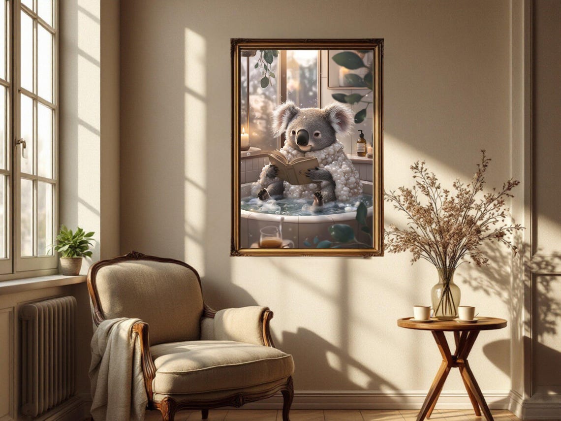 Koala Reading a Book While Relaxing in a Cozy Bubble Bath Poster - Image 4