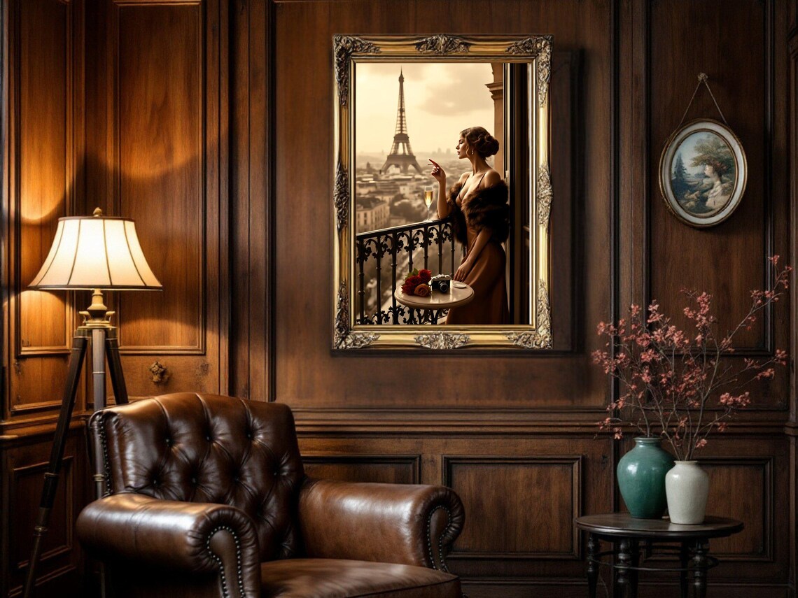 Woman on Paris Balcony with Eiffel Tower View and Champagne Poster - Image 5