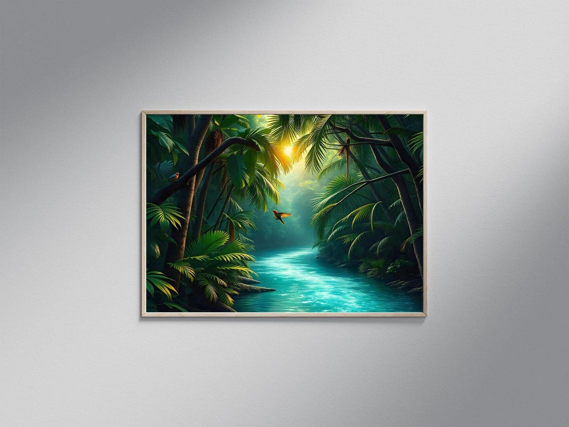 Sunlit Tropical Jungle River with Birds in a Lush Green Forest Poster