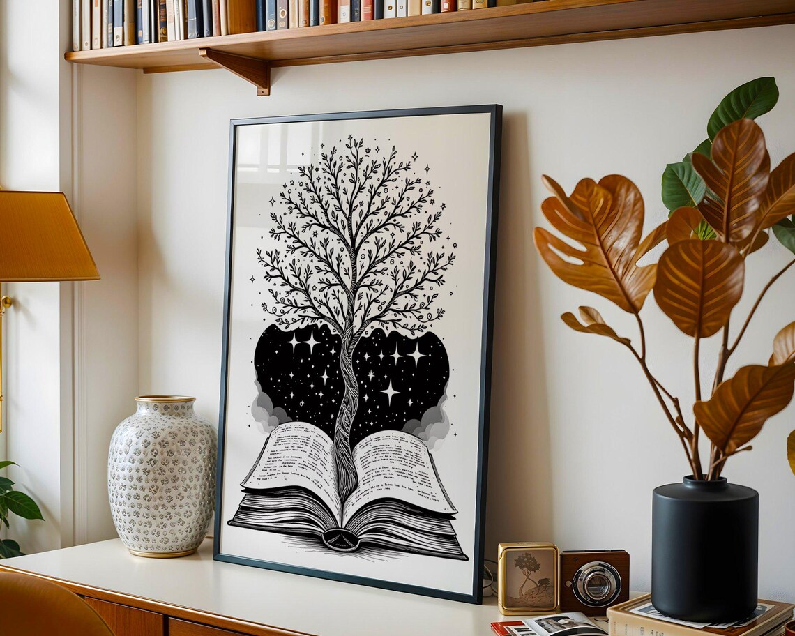 Tree Of Knowledge Wall Art Mystical Book And Stars Illustration Black And White Art Print Literary Home Decor Book Lovers Gift - Image 2