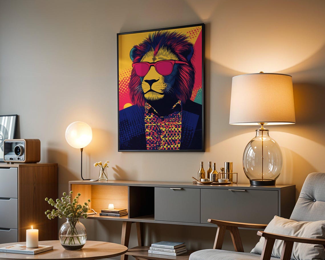 Bold Pop Art Lion In Pink Sunglasses And Suit On Halftone Poster - Image 4