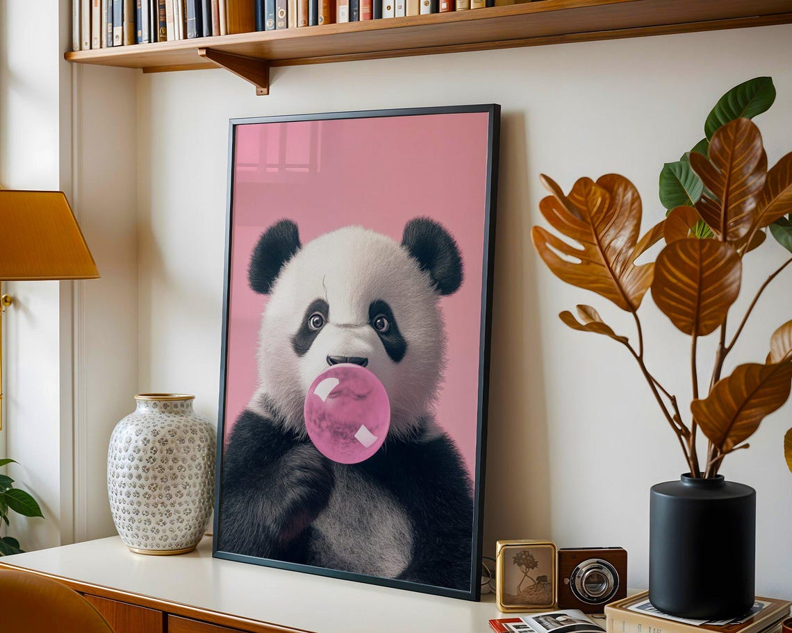 Panda Cub Blowing Pink Bubblegum Bubble Close-Up Cute Poster - Image 2