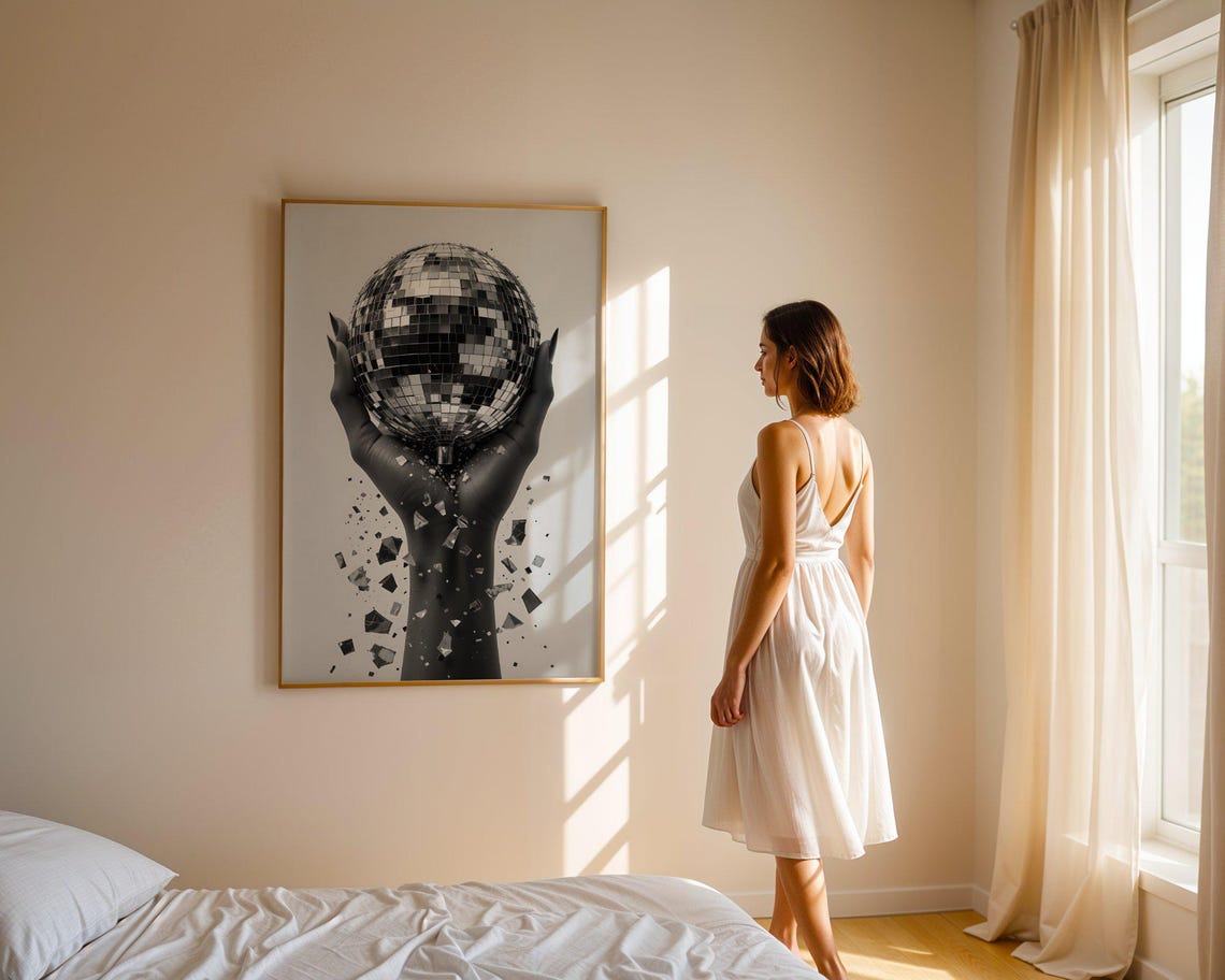 Modern Black And White Disco Ball Wall Art Unique Hand Holding Disco Ball Print Abstract Geometric Wall Decor Contemporary Art Print - Image 5