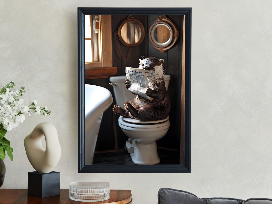 Otter Reading Newspaper On Toilet Funny Bathroom Animal Art Poster - Image 2