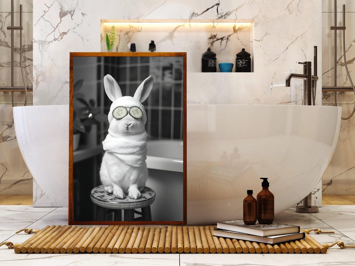 White Rabbit Spa With Cucumber Eyes Black And White Animal Poster - Image 5