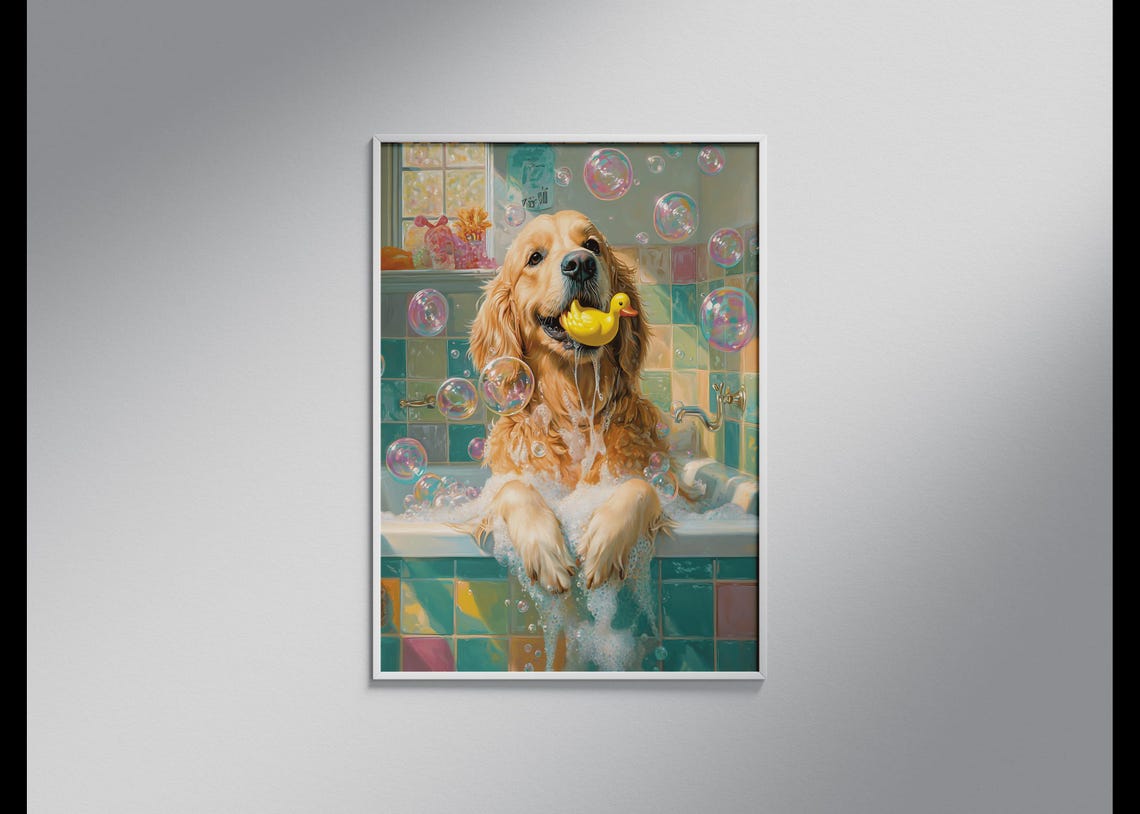 Golden Retriever Puppy In Bubble Bath Holding Rubber Duck Poster - Image 5