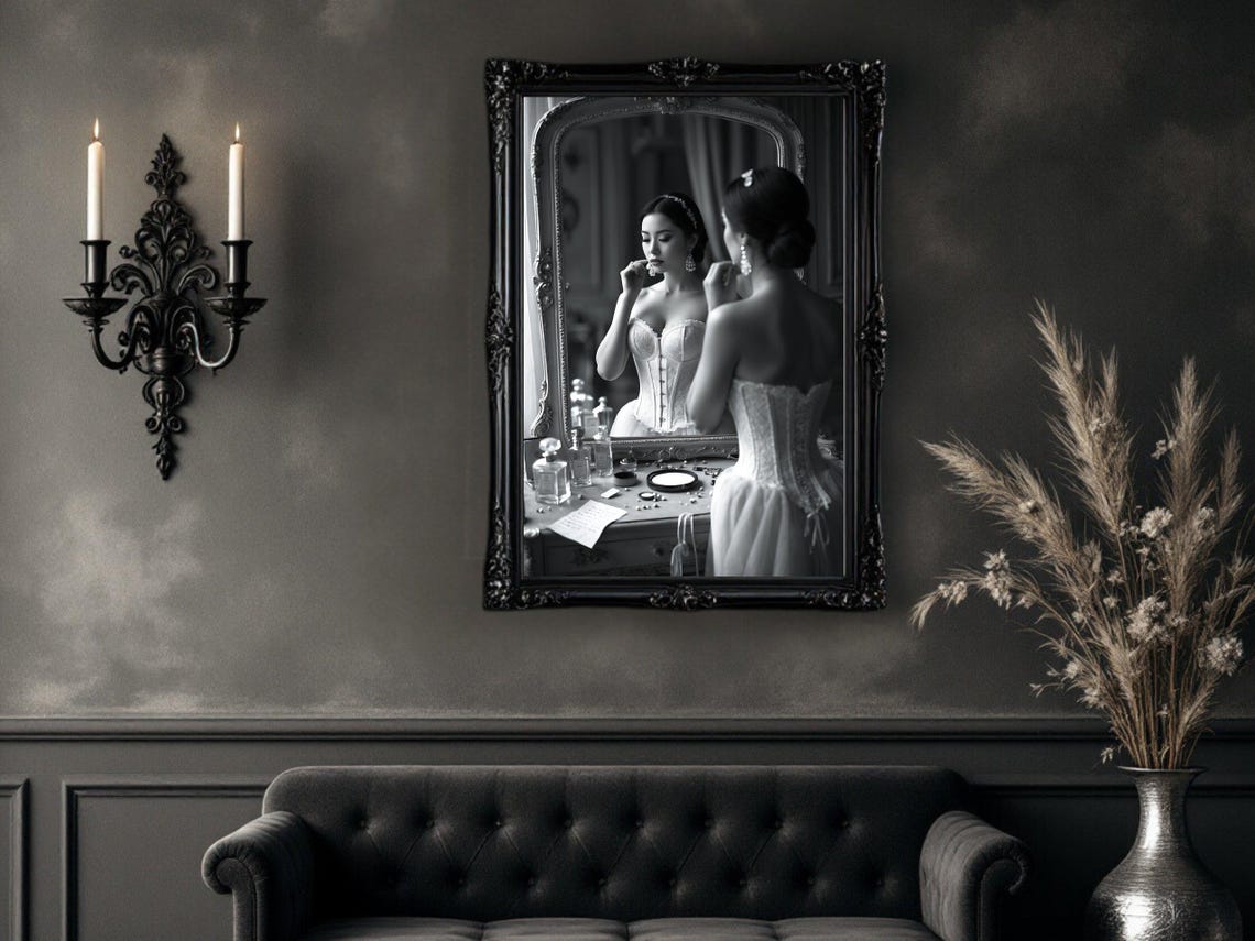 Woman In Corset At Vanity Mirror With Perfume Bottles Poster - Image 4