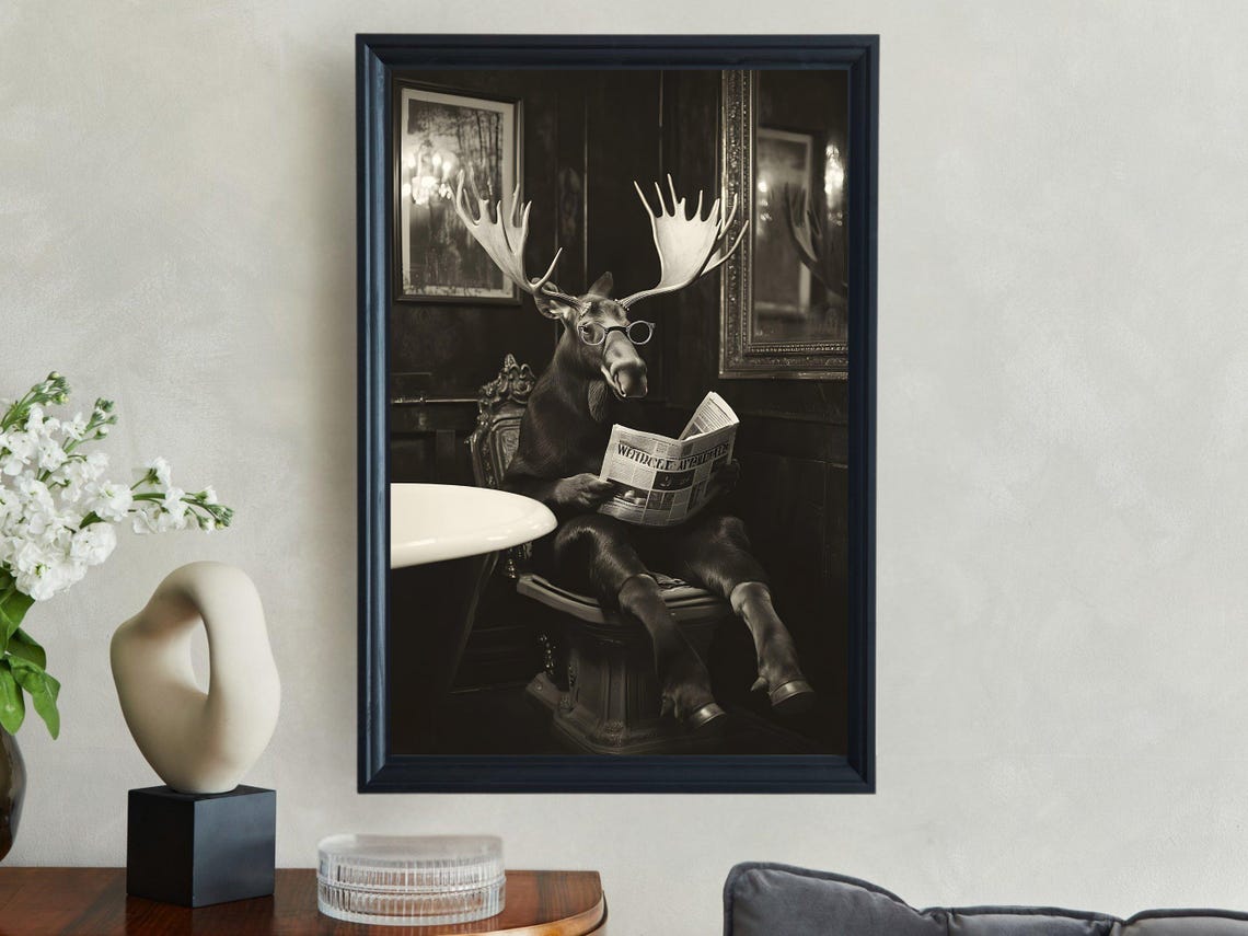 Moose Wearing Glasses Reading Newspaper Sepia Tone Bathroom Poster - Image 2