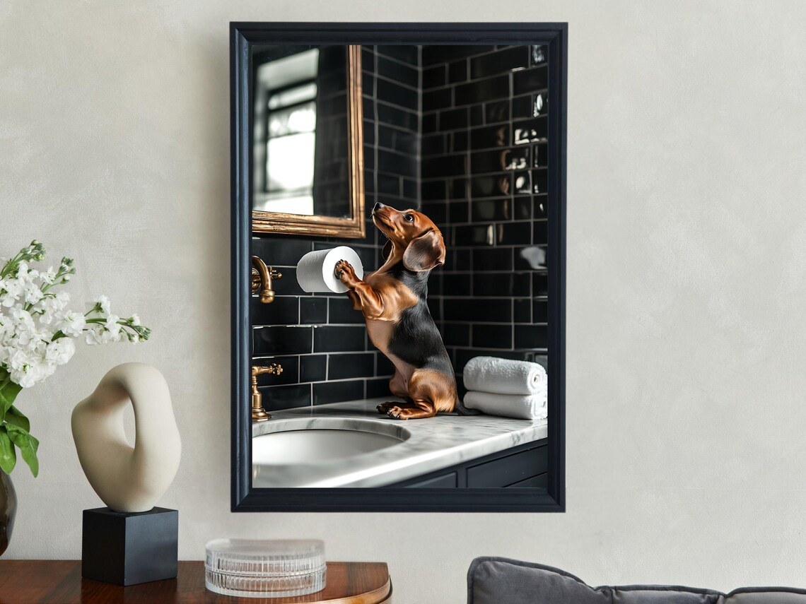 Dachshund Puppy Playing with Toilet Paper Roll on Sink Poster - Image 2