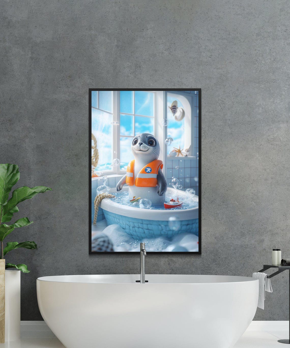 Baby Seal in a Life Jacket Playing in a Nautical Bubble Bath Poster - Image 2