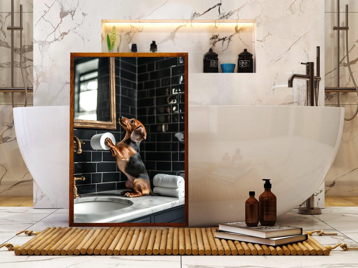 Dachshund Puppy Playing with Toilet Paper Roll on Sink Poster - Image 5