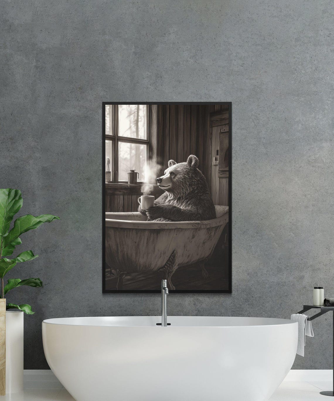 Cozy Bear Bath Sipping Coffee Rustic Cabin Morning Art Print - Image 2