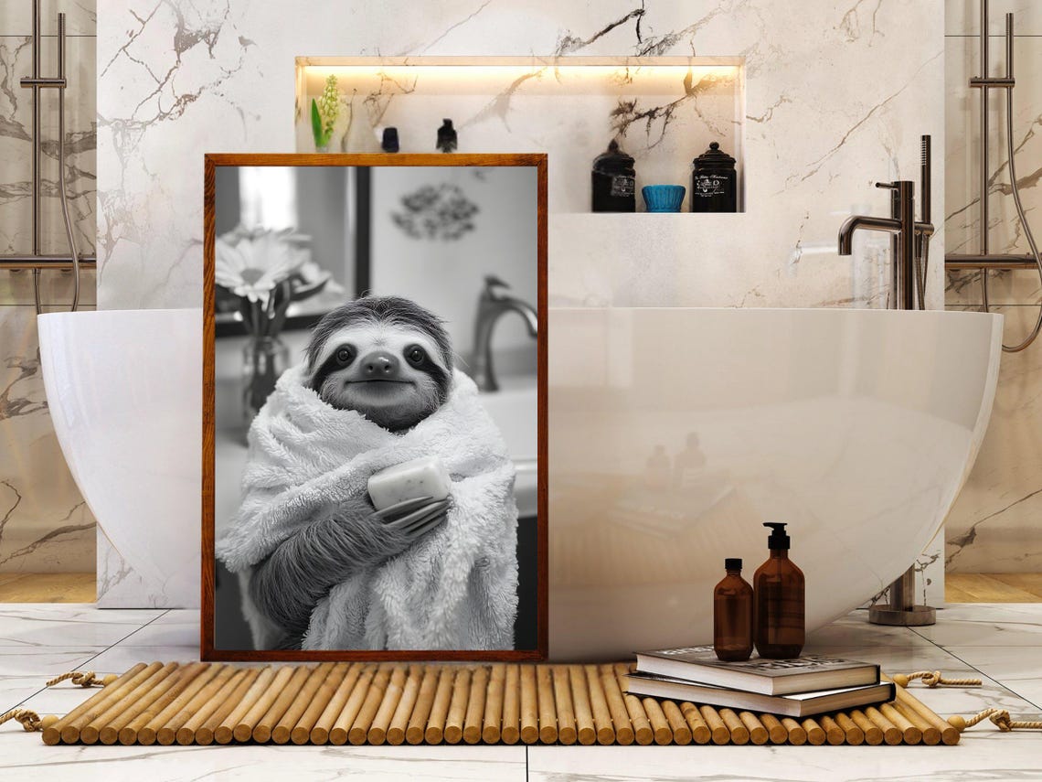 Sloth Wrapped in a Fluffy Towel Holding a Bar of Soap Poster - Image 5