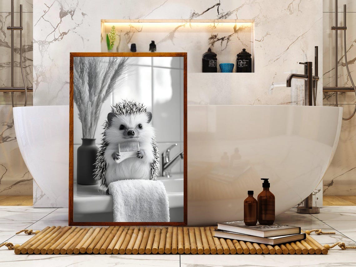 Hedgehog Holding a Comb While Perched on a Bathroom Sink Poster - Image 5