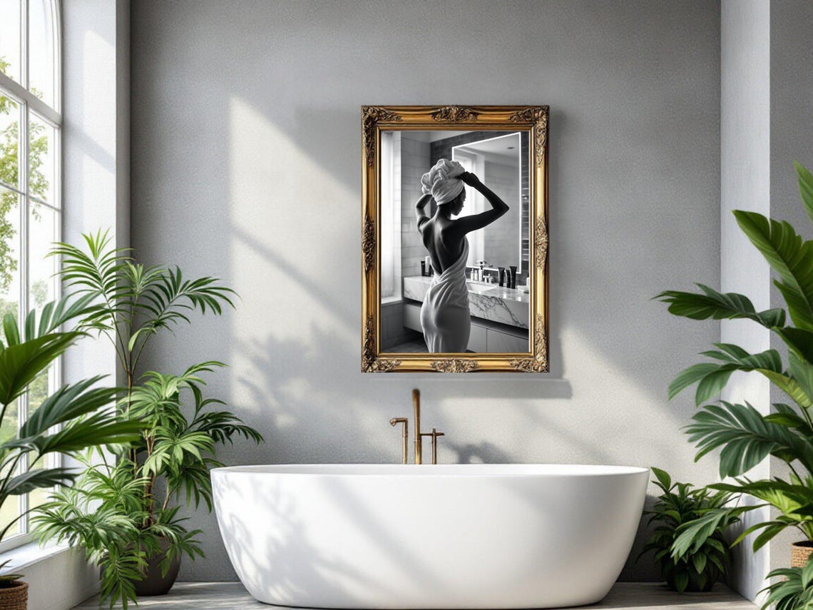 Woman in a Towel Turban Standing Before a Bathroom Mirror Poster - Image 3