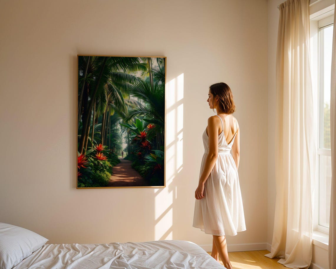 Lush Tropical Jungle Path Lined With Red Flowers and Palms Poster - Image 2