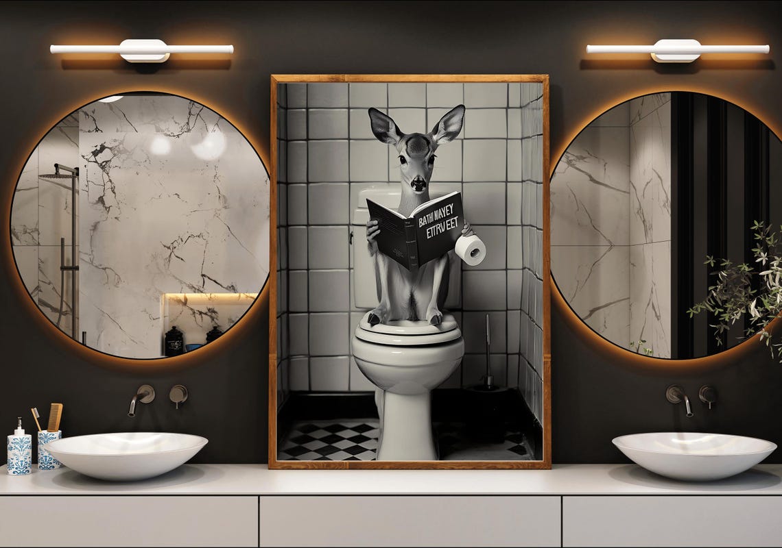 Deer Reading a Book on the Toilet with Toilet Paper Funny Poster - Image 3