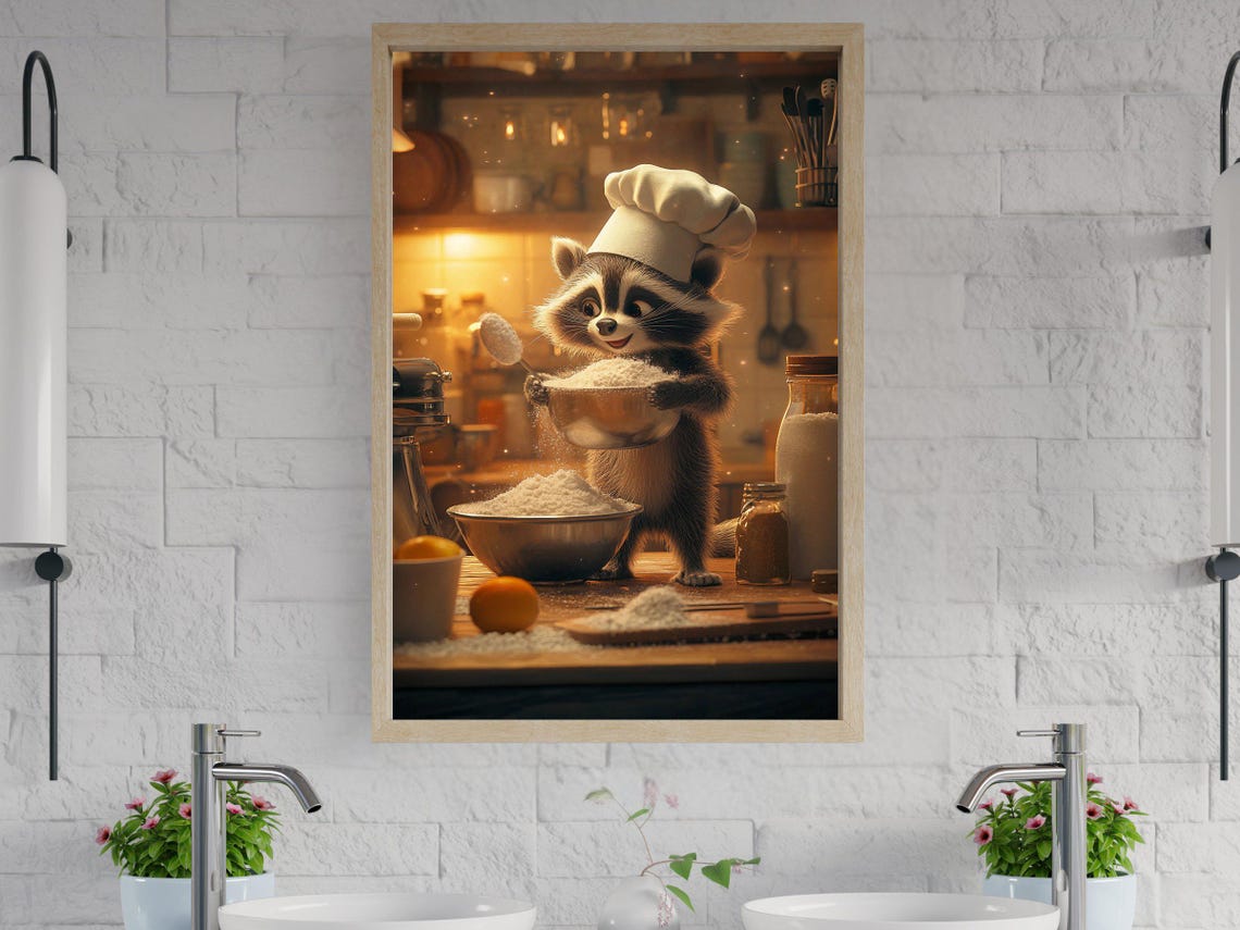 Raccoon Chef in a Toque Mixing Flour in a Cozy Kitchen Poster