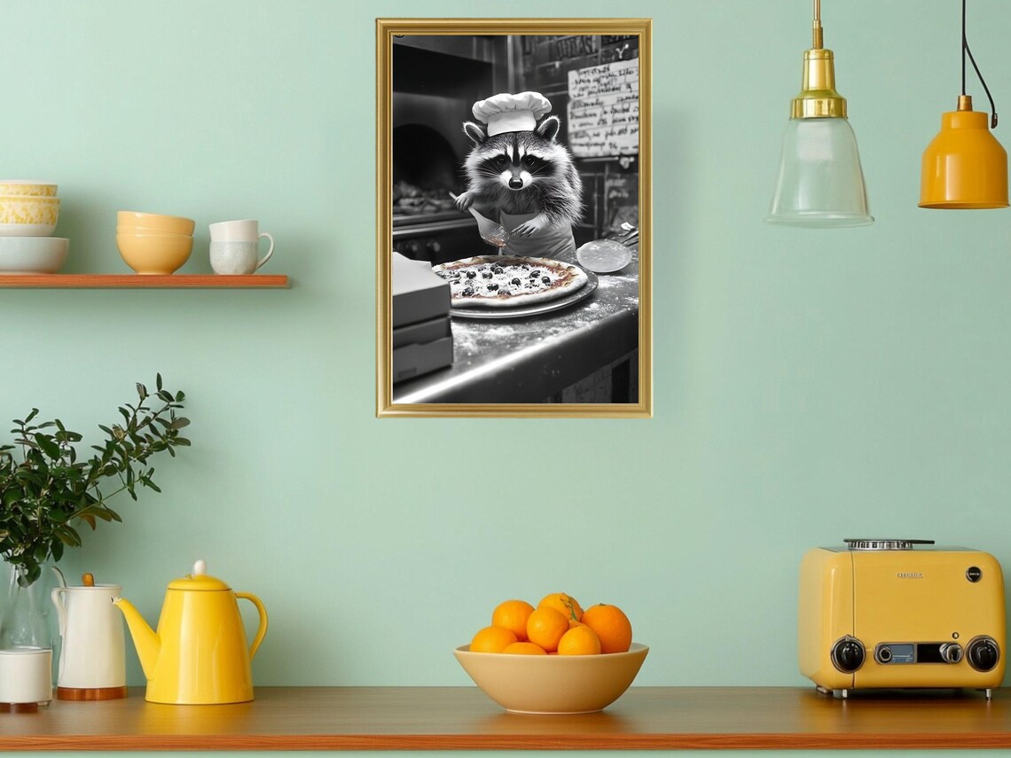 Funny Raccoon Pizza Chef in the Pizzeria Black and White Kitchen Poster - Image 3