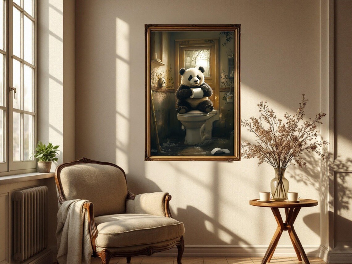 Cute Panda Sitting On Toilet Holding Toilet Paper Funny Poster - Image 4
