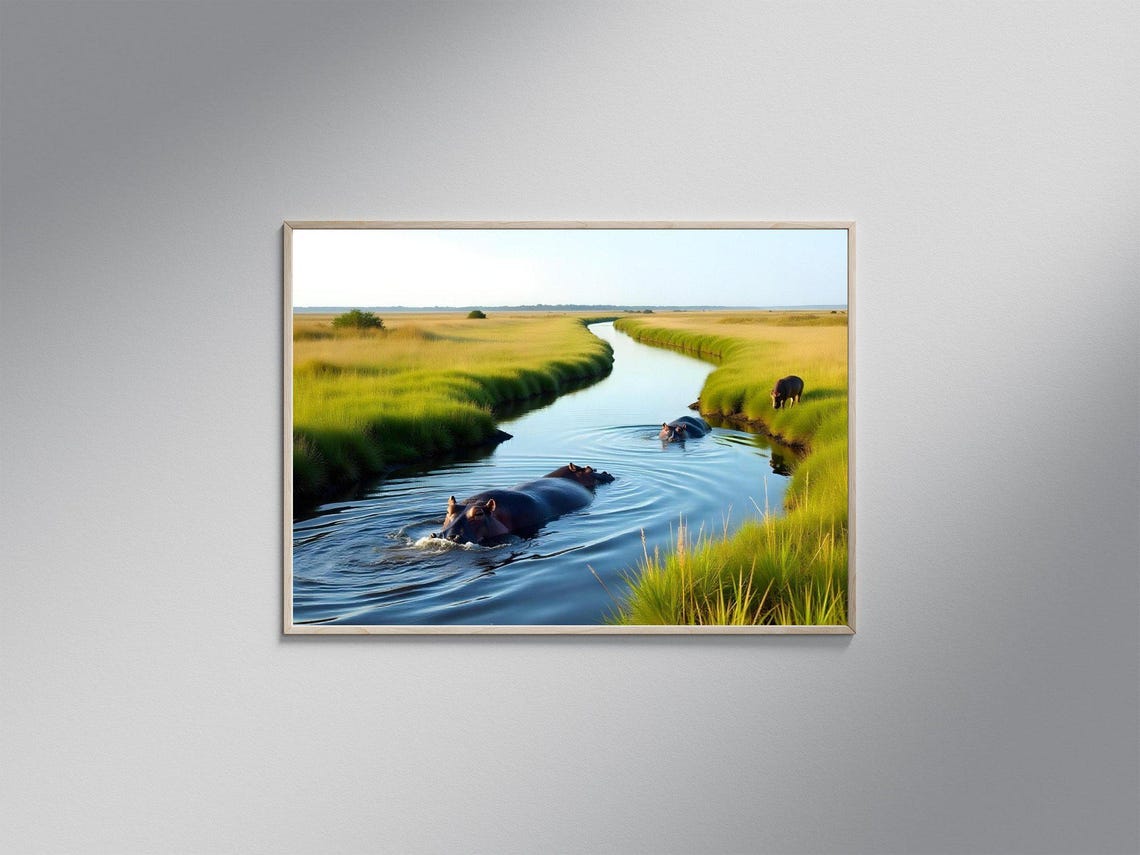 Hippos Swimming In A Winding African River Wildlife Nature Poster