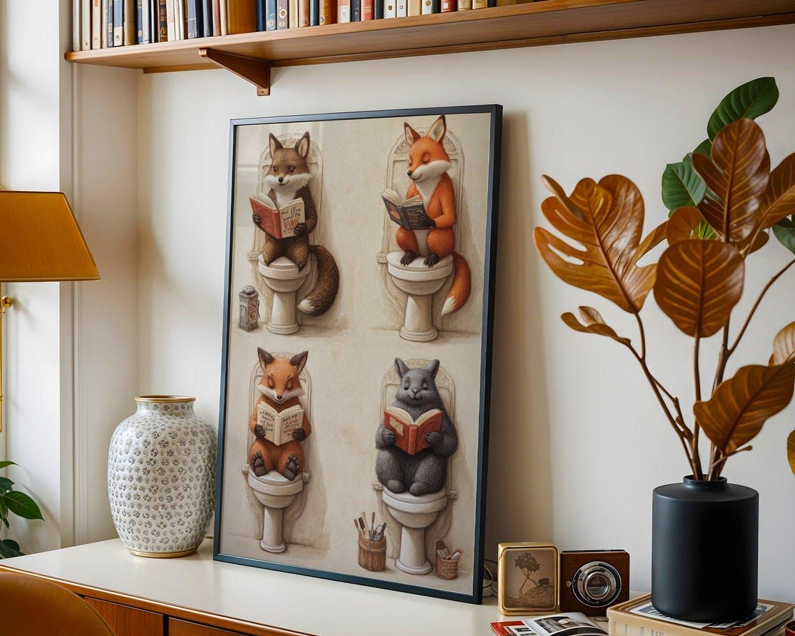 Four Foxes Sitting on Toilets and Reading Books Together Poster - Image 4