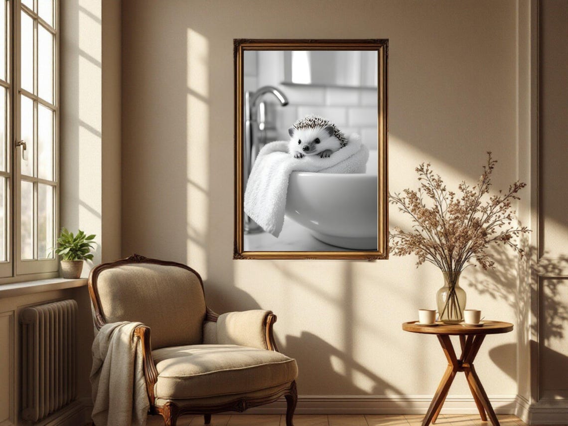 Hedgehog Peeking Over a White Towel Draped on a Sink Basin Poster - Image 4
