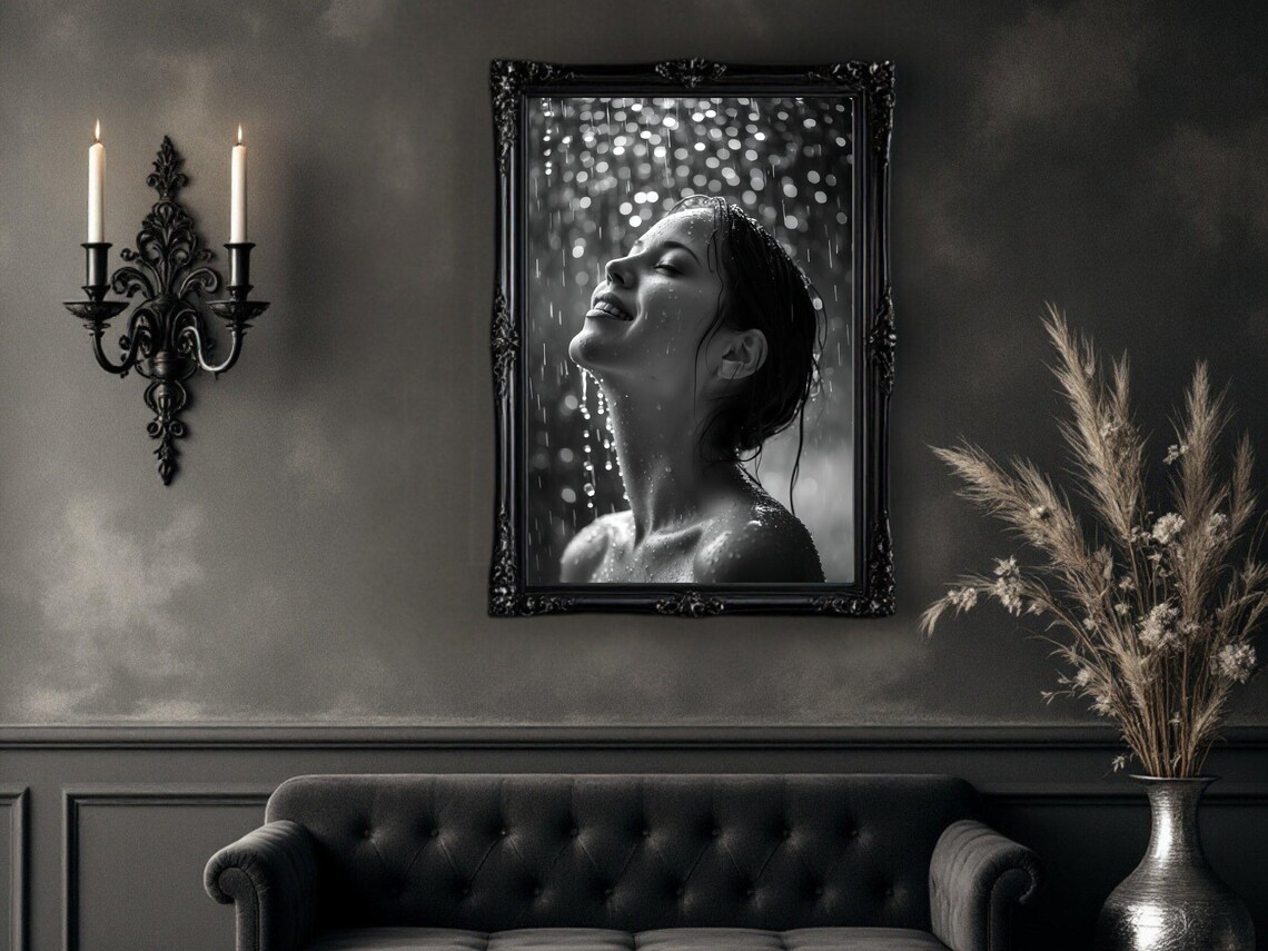 Black And White Rain Portrait Of A Joyful Woman In Summer Rain Poster - Image 4