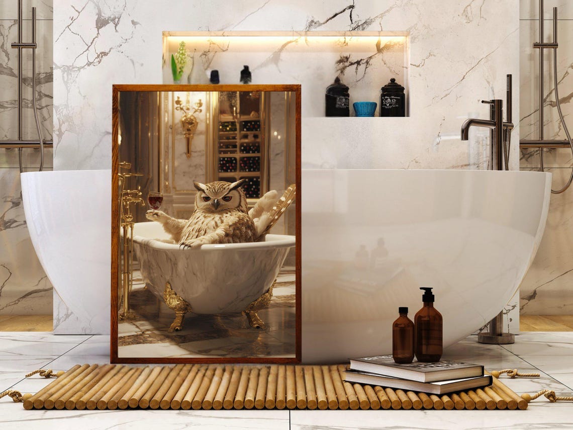 Owl Relaxing in Marble Bathtub Holding Wine Glass Art Poster - Image 5